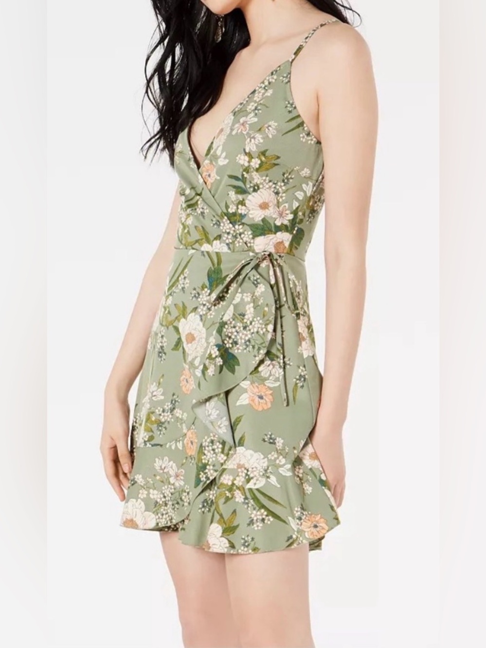 Speechless Mini Wrap Dress Sage Green Floral Ruffle Tie Waist Size  M